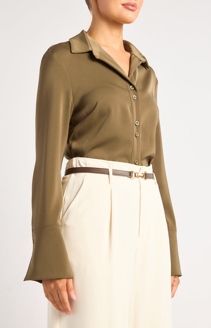 Double Button Detail Flare Cuff Satin Shirt