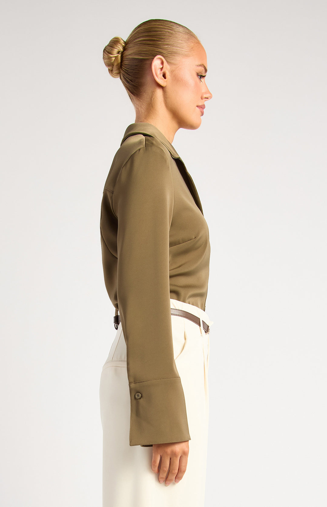 Double Button Detail Flare Cuff Satin Shirt