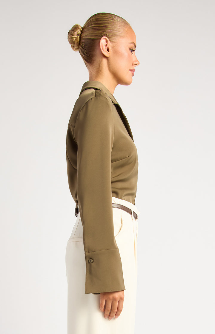 Double Button Detail Flare Cuff Satin Shirt