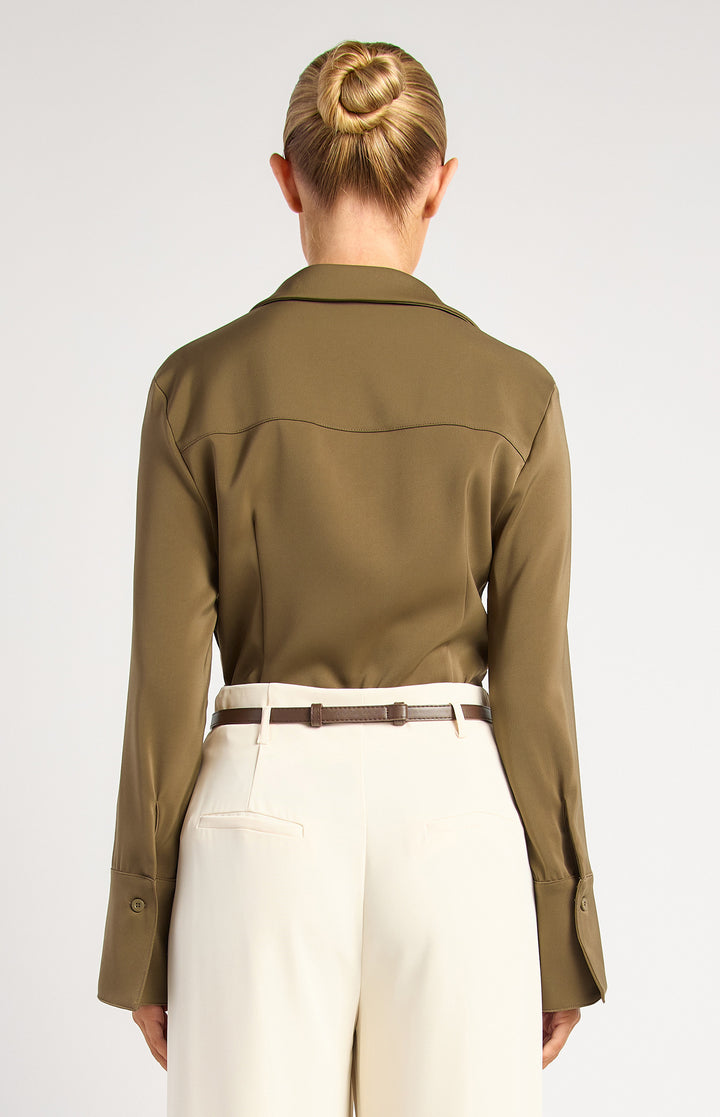 Double Button Detail Flare Cuff Satin Shirt