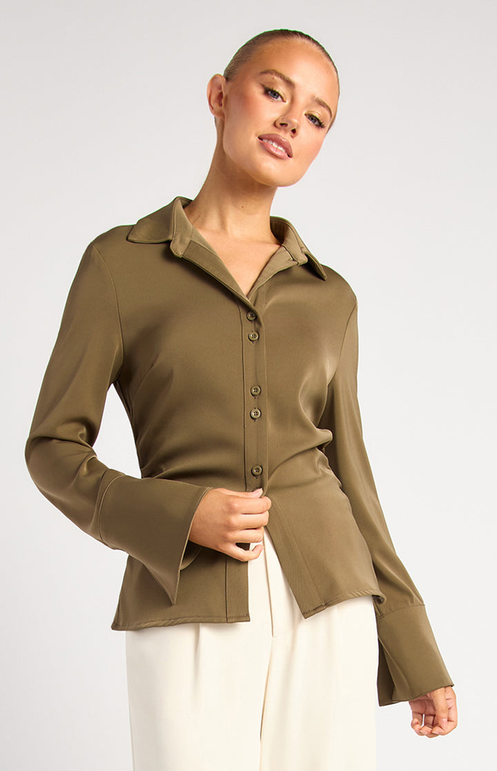 Double Button Detail Flare Cuff Satin Shirt