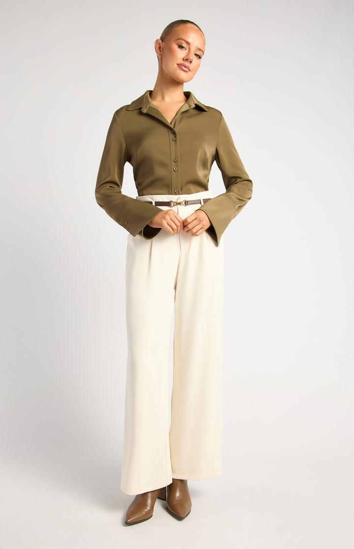 Double Button Detail Flare Cuff Satin Shirt