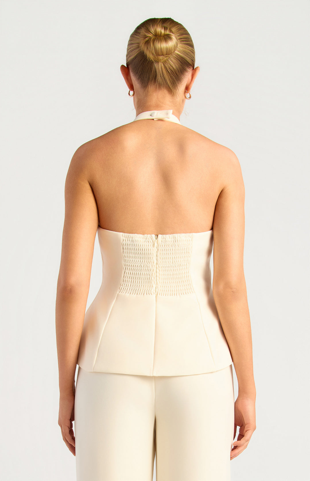 Halter Neck Front Buttons Peplum Vest Top - Bone