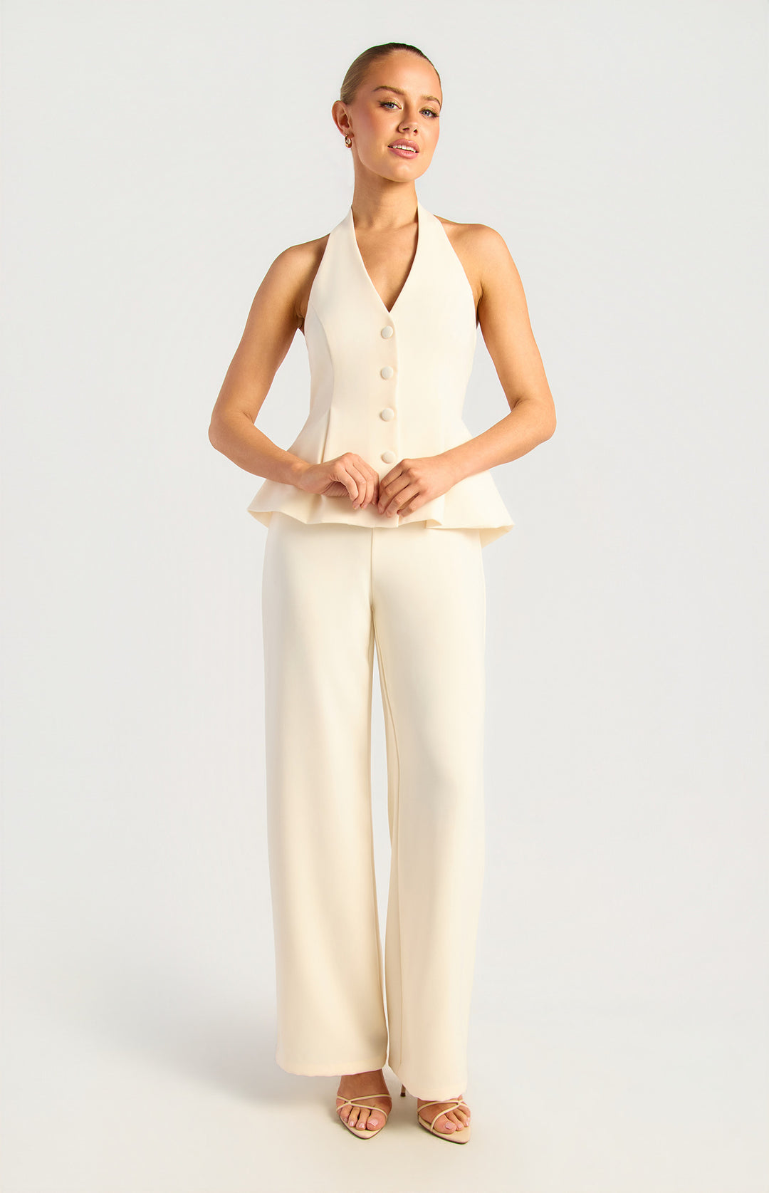 Halter Neck Front Buttons Peplum Vest Top - Bone