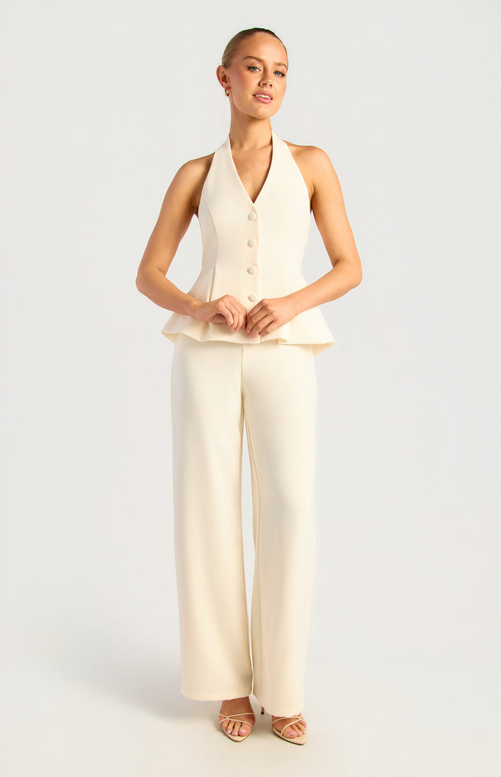 Halter Neck Front Buttons Peplum Vest Top - Bone