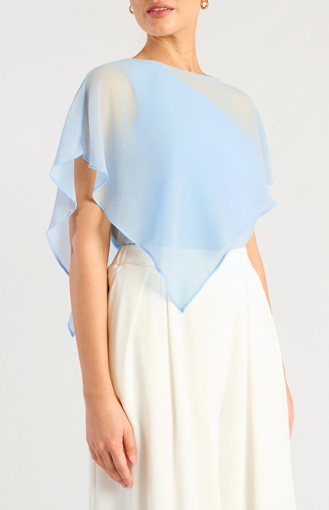 Chiffon Cape Detail One Shoulder Top - Icy Blue