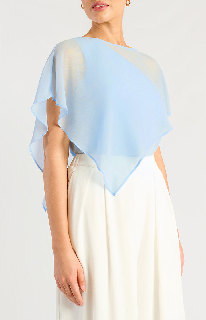Chiffon Cape Detail One Shoulder Top - Icy Blue