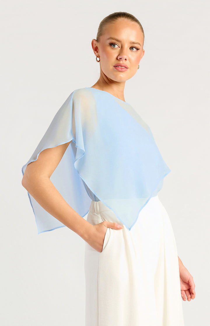 Chiffon Cape Detail One Shoulder Top - Icy Blue