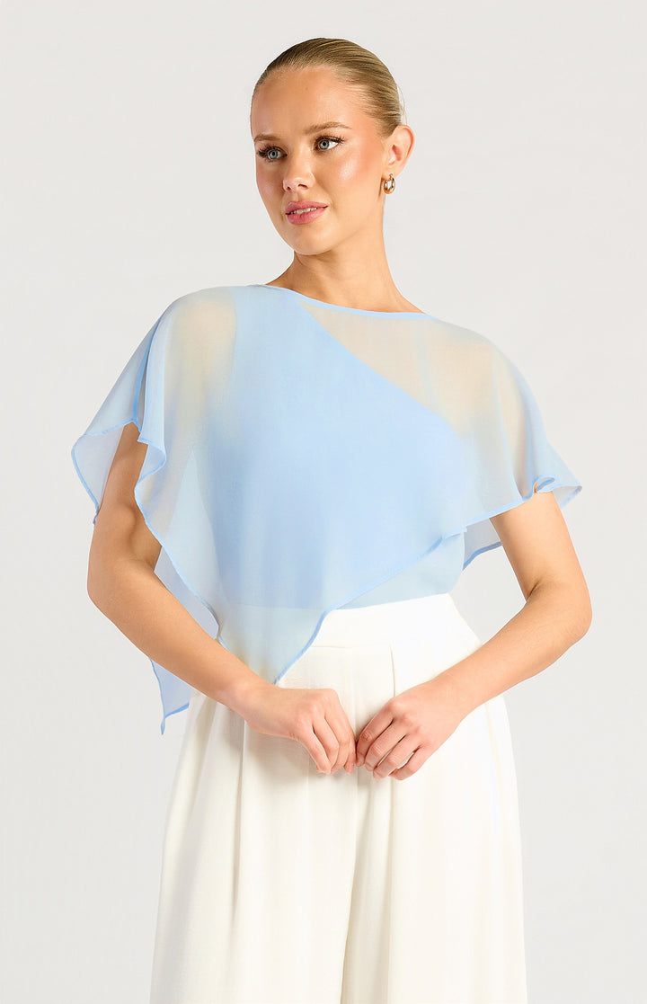 Chiffon Cape Detail One Shoulder Top - Icy Blue