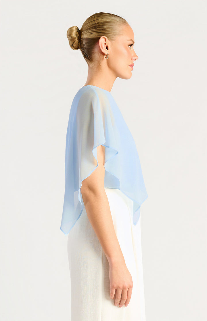 Chiffon Cape Detail One Shoulder Top - Icy Blue