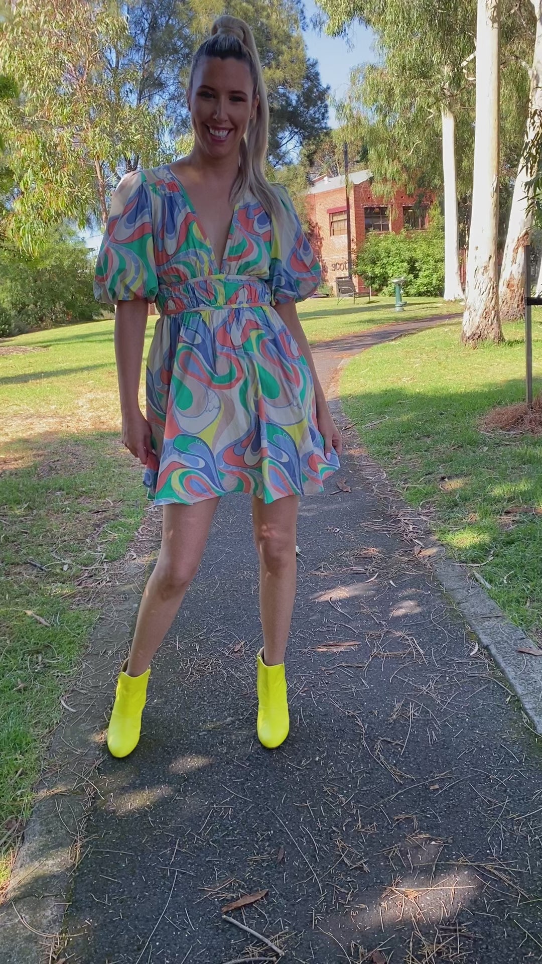 Taylor Short Dress - Green yellow and blue print