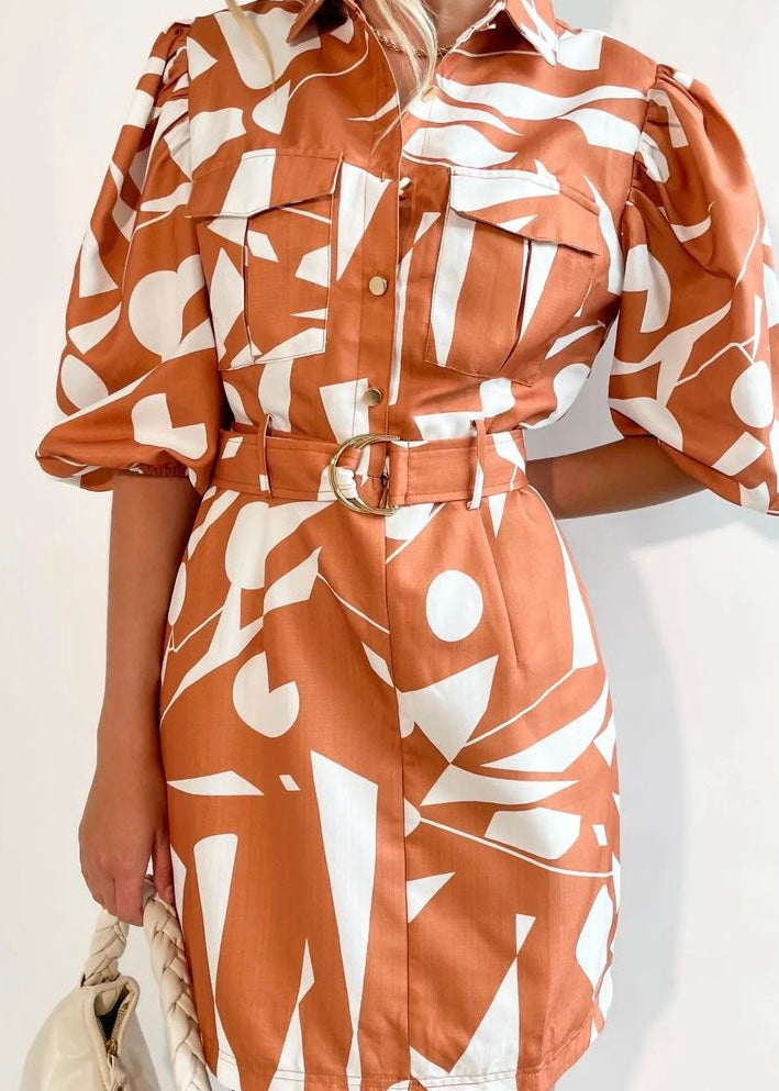 Remy dress - Tan and white print