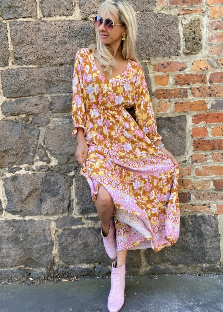 Bethany dress - Mustard and Pink Multi floral
