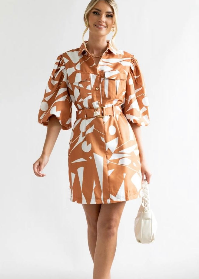 Remy dress - Tan and white print