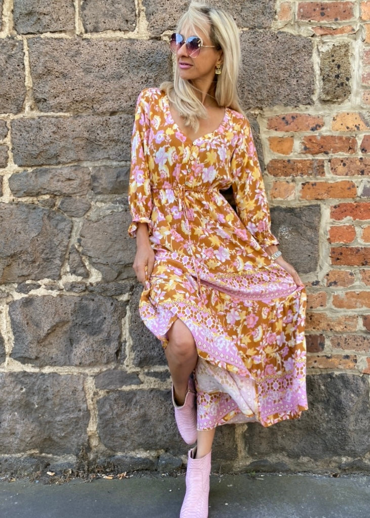 Bethany dress - Mustard and Pink Multi floral