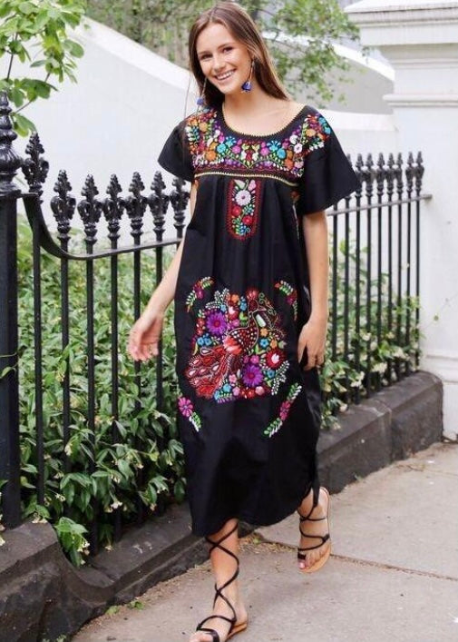 Black Mexican Floral Embroidered Dress Mexican Short Dress Puebla Mini Dress Black Mexican Floral Embroidered Dress Mexican Short Dress Puebla Mini Dress