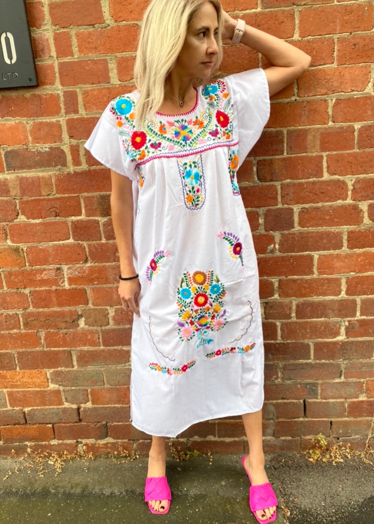 Mexican Embroidered Dress - White jfahristore Mexican Embroidered Dress - White jfahristore