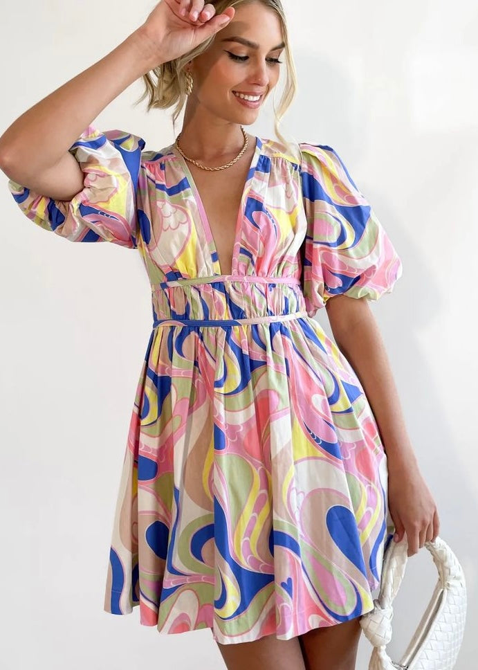 Taylor short dress - Pink and cobalt print