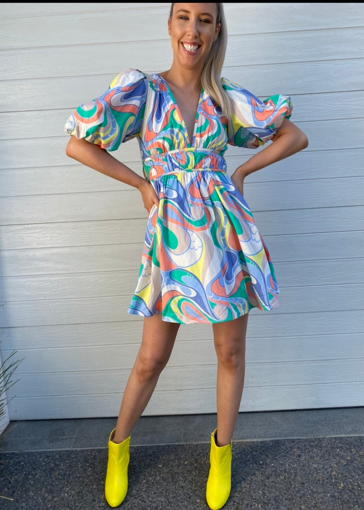 Taylor Short Dress - Green yellow and blue print