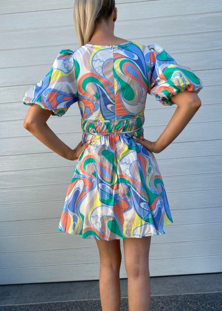 Taylor Short Dress - Green yellow and blue print