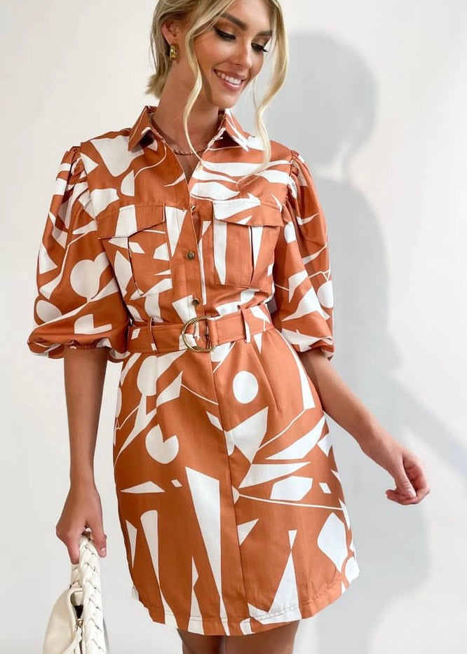 Remy dress - Tan and white print