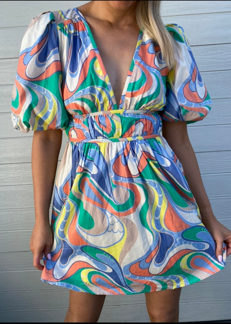 Taylor Short Dress - Green yellow and blue print