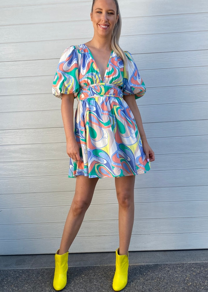 Taylor Short Dress - Green yellow and blue print