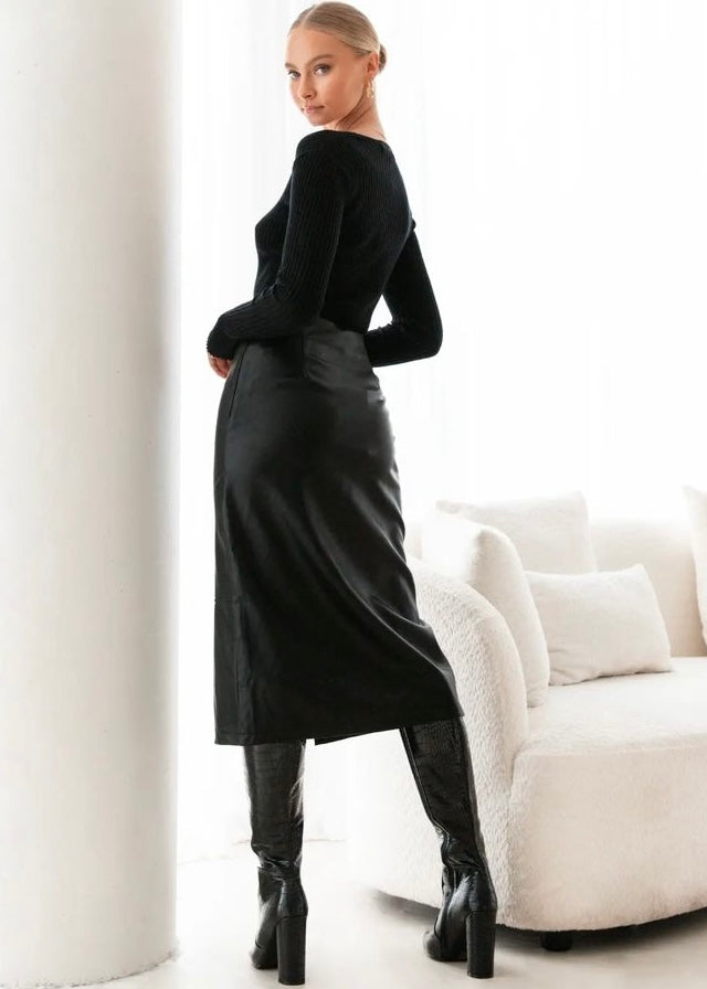 Vegan Leather Pencil Skirt - Black